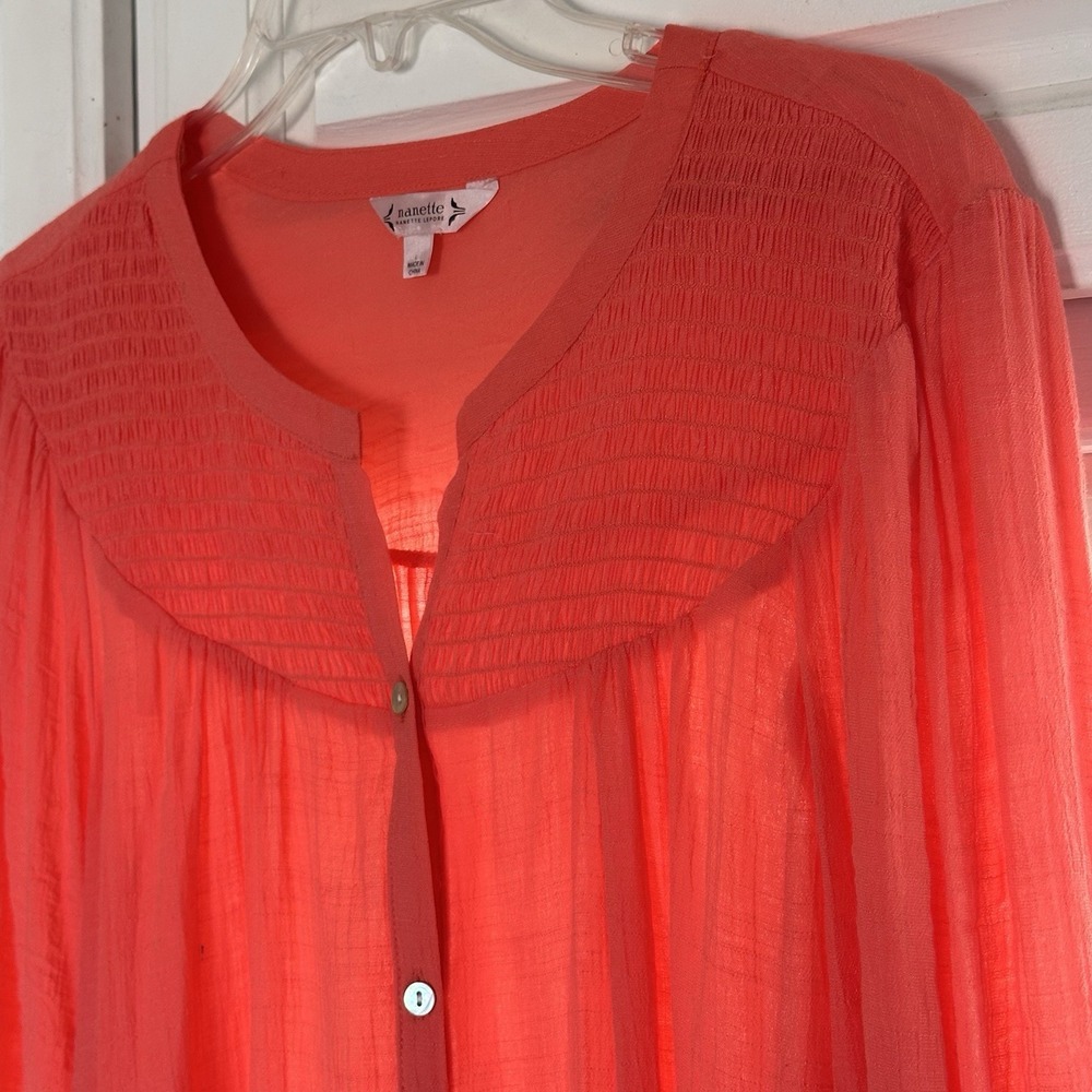Nanette Lepore Boho Smocked Blouse Size L Coral Women's Long Sleeve Button Front